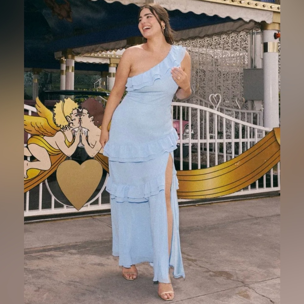 Lulus Brilliant Grace Light Blue Ruffled One-Shoulder Maxi Dress